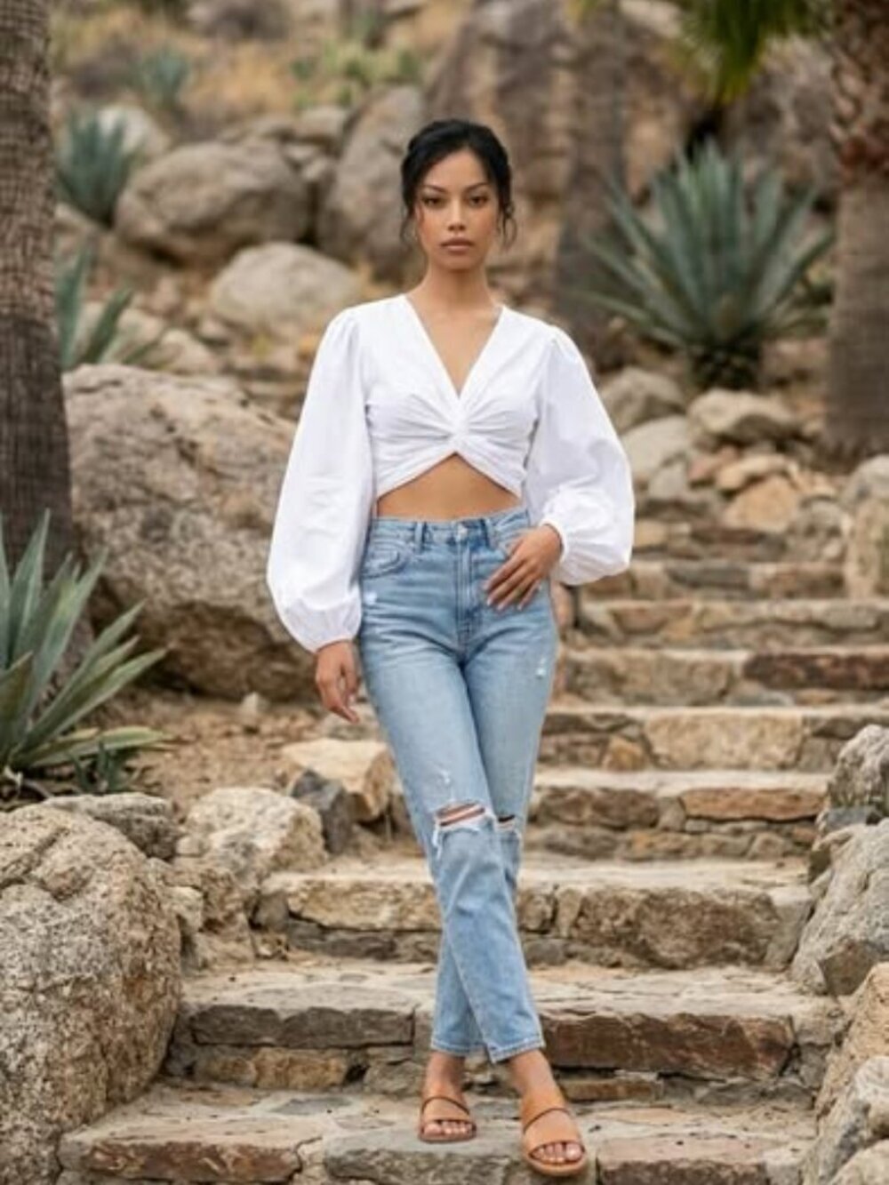 Women's White Twist Front Crop Top Puff Sleeve